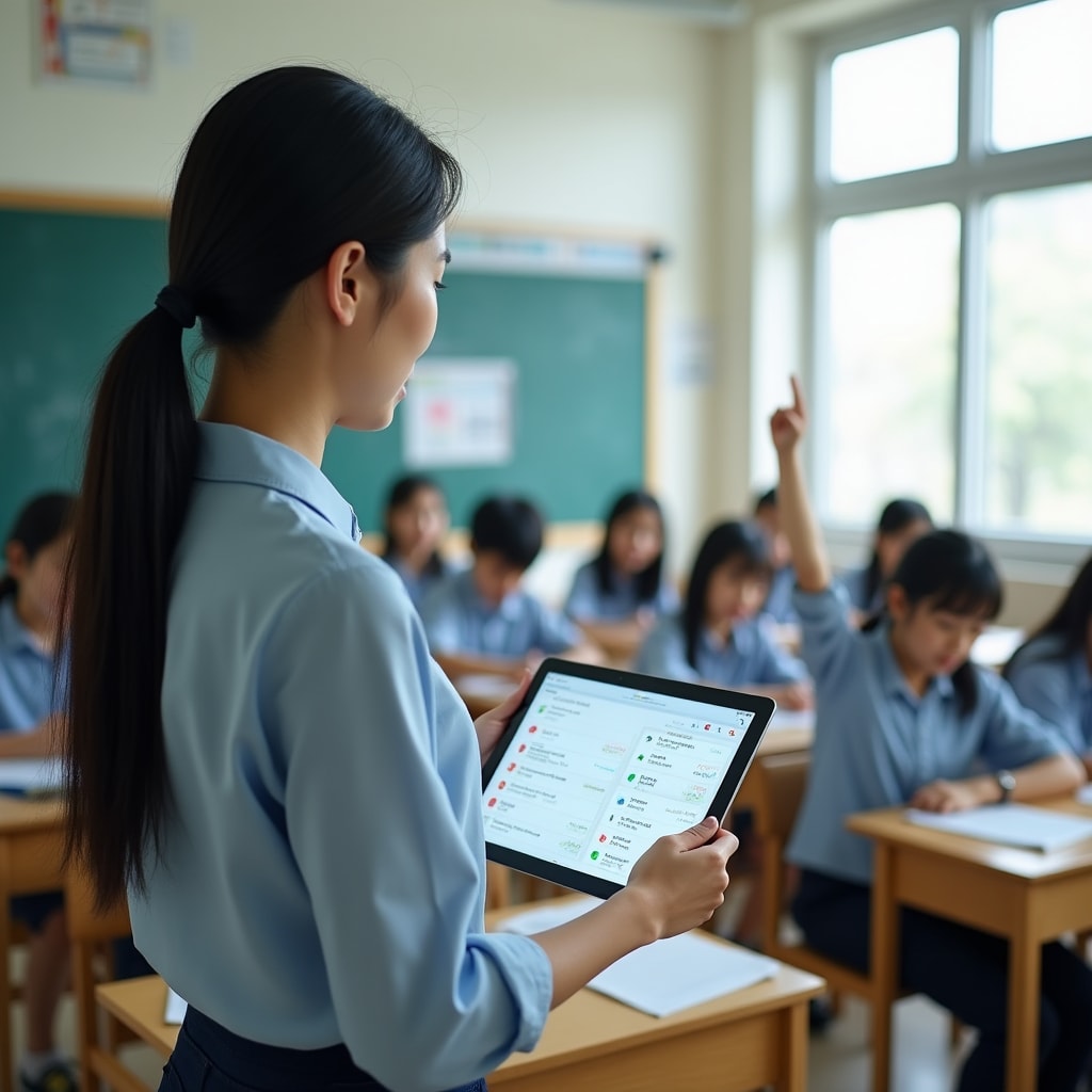 Modern classroom with digital attendance tracking system showing student check-in interface on tablet device held by teacher