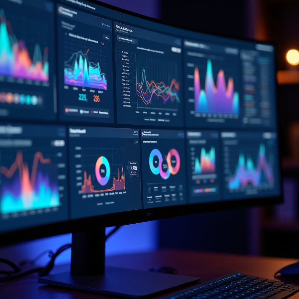 Large high-resolution monitor displaying colorful educational analytics dashboard with interactive charts, graphs, and student performance metrics