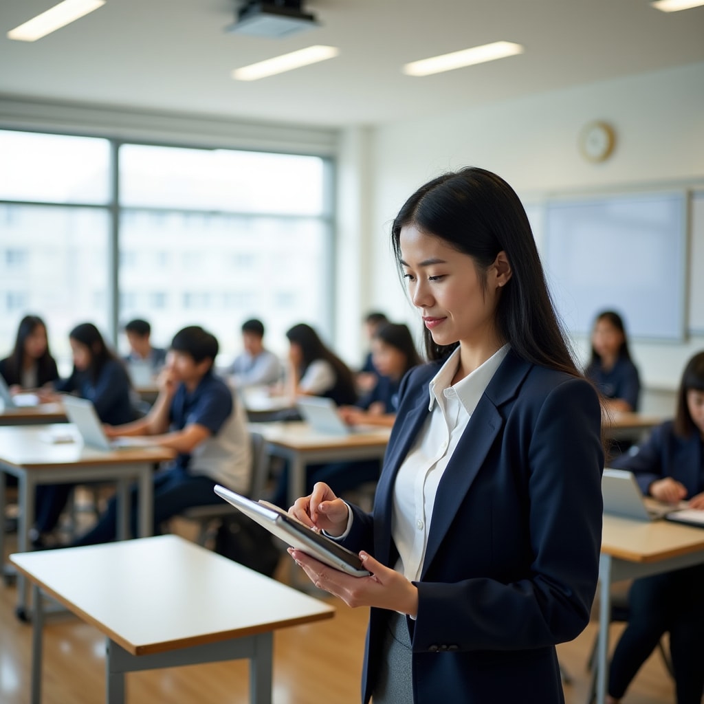 Japanese classroom environment with students using educational technology and teachers reviewing data on tablets