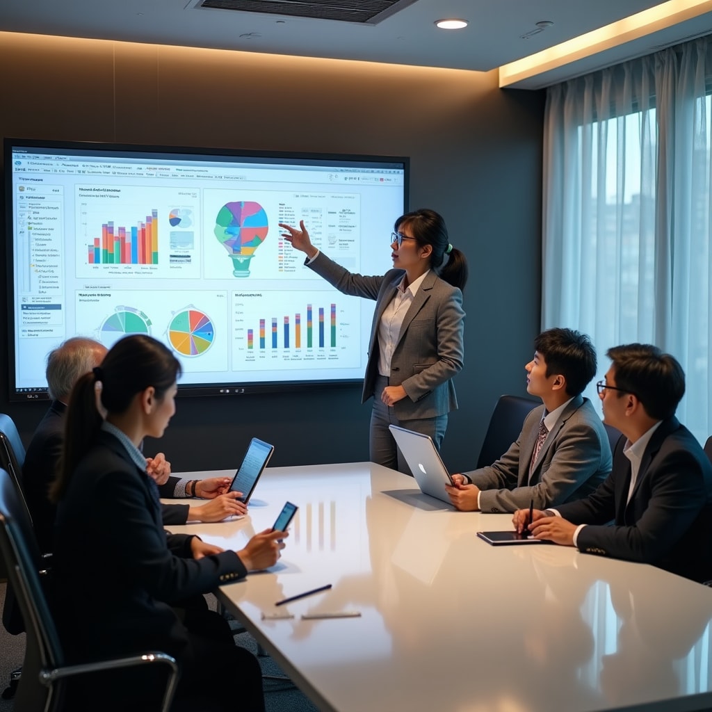 Professional consultation session with education technology specialist presenting data analytics on large screen to attentive school administrators