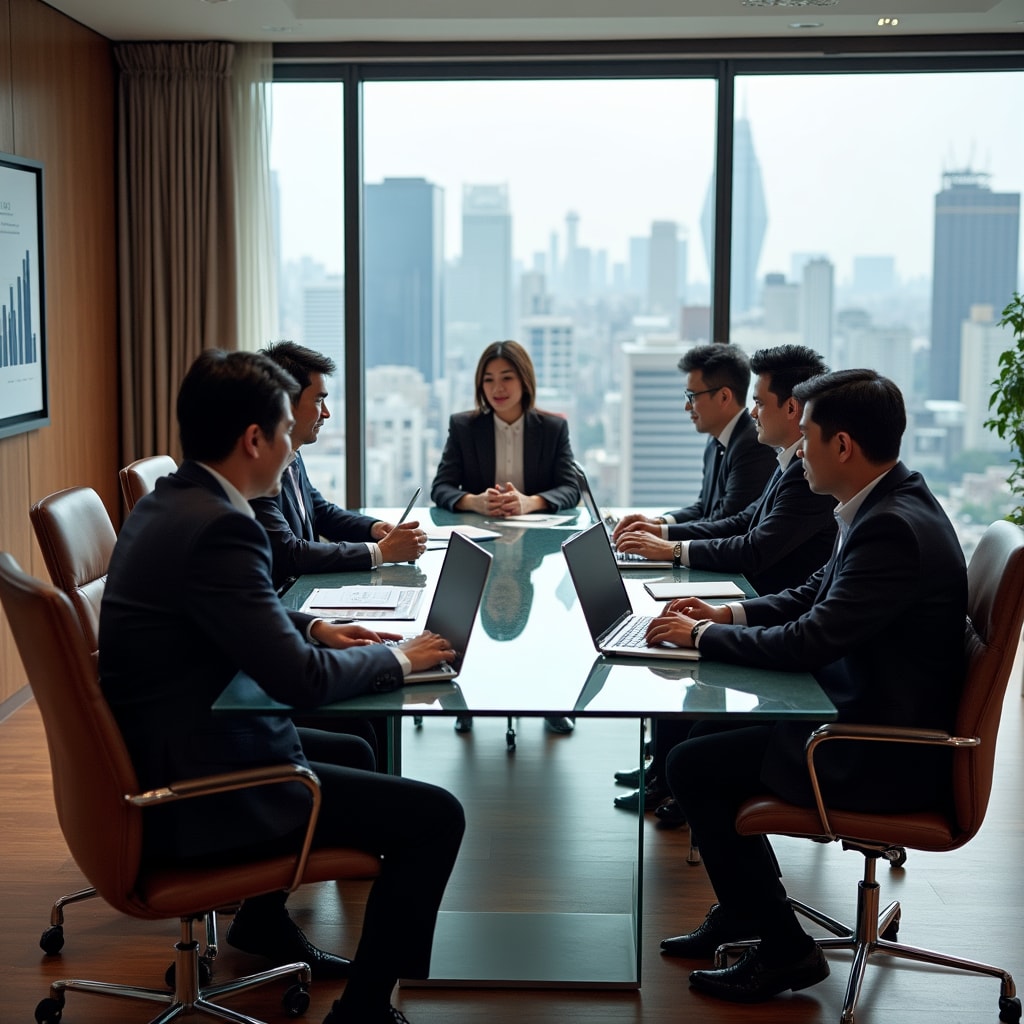 Diverse team of education professionals collaborating around a conference table with laptops and documents discussing analytics strategies