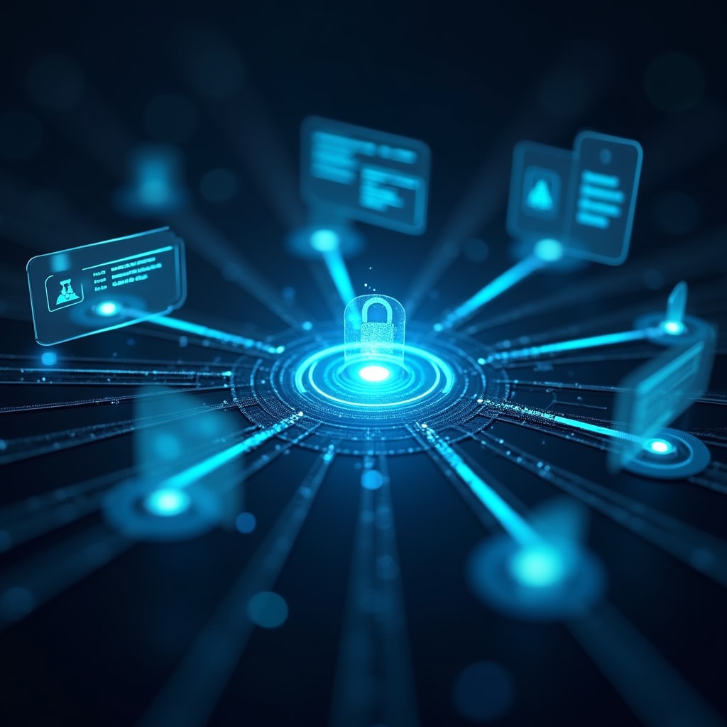 Abstract visualization of connected systems showing data flow between different educational technology platforms with secure connection indicators